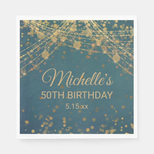 Teal Gold String Lights Glitter Adult Birthday  Napkin (Front)