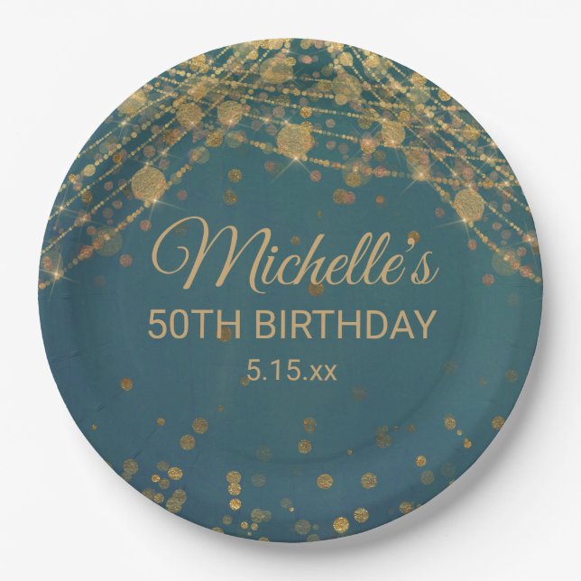 Teal Gold String Lights Glitter Adult Birthday   Paper Plate (Front)