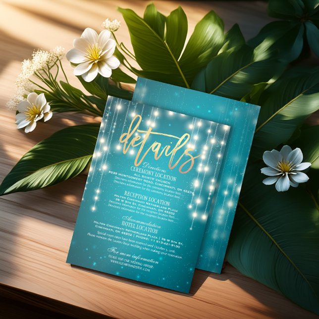 Teal Gold String Lights Wedding Detail Information Enclosure Card (Creator Uploaded)