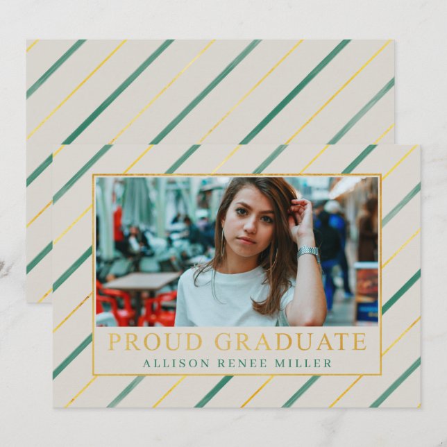 Teal Gold Stripes Modern Elegant Photo Graduation Invitation (Front/Back)