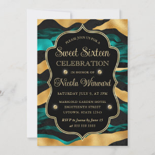 Teal Gold Tiger Stripe Glam Sweet 16 Invitation