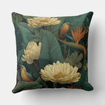 Teal Gold Toucan Tropical Botanical Throw Pillow