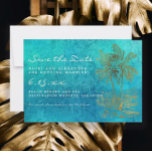 Teal Gold Tropical Palm Save Our Date Wedding Save The Date<br><div class="desc">Beach or tropical destination wedding Save our Date cards with a sparkling gold palm tree on a grunge-style teal background.  Personalize with your own text.   Contact us for help with customization or to request matching products.</div>