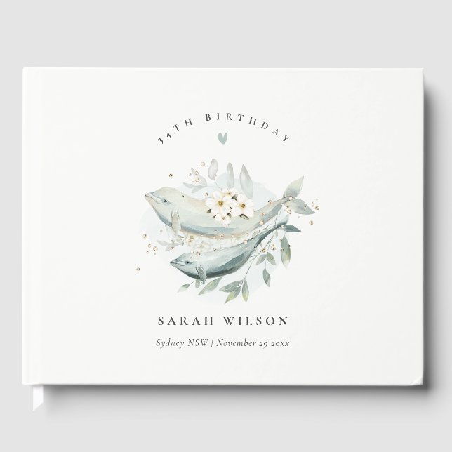 Teal Gold Underwater Floral Fish Any Age Birthday Guest Book (Front)