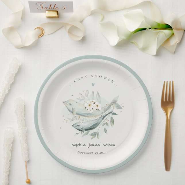 Teal Gold Underwater Floral Whale Fish Baby Shower Paper Plate (Wedding)