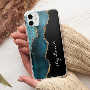  Teal Gold Watercolor Agate Personalised iPhone 13 Case