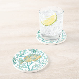 Teal Gold Watercolor Fish Coaster