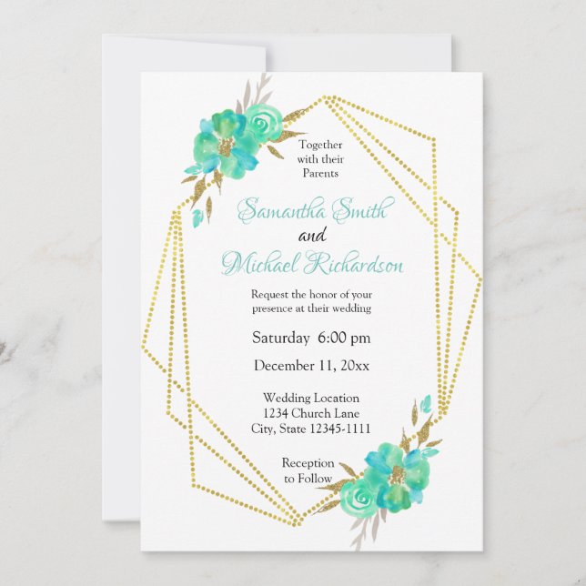Teal Gold Watercolor Floral Geometric Dots Invitation (Front)