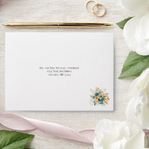 Teal Gold Watercolor Floral Wedding Bridal shower Envelope