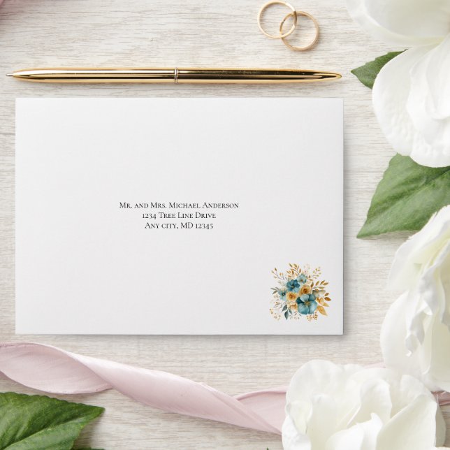 Teal Gold Watercolor Floral Wedding Bridal shower Envelope (Wedding)
