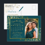 Teal & Gold Wedding Save the Date Calendar & Photo Announcement Postcard<br><div class="desc">This beautiful save the date postcard will give your friends and family advance notice of your upcoming wedding. It features a beautiful design with a custom calendar where you can put a heart around your wedding date. Your photo is displayed to the right of the calendar. The background is a...</div>