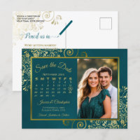 Teal & Gold Wedding Save the Date Calendar & Photo