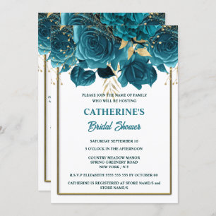 Teal gold white rose watercolor bridal shower invitation