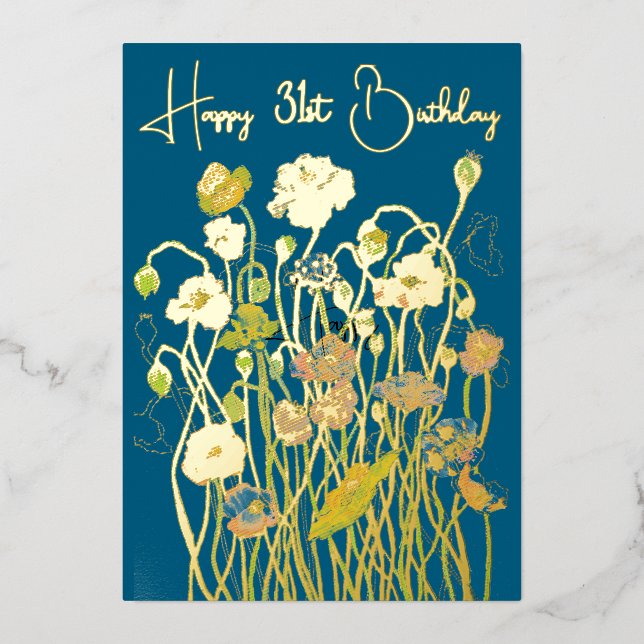 Teal & Gold Wild Poppy Watercolor aged Birthday (Front)
