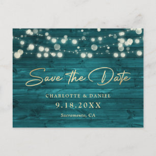 Teal Gold Wood String Lights Script Wedding Announcement Postcard