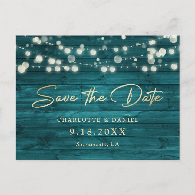Teal Gold Wood String Lights Script Wedding Announcement Postcard (Front)