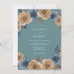 Teal Golden Blossom Romance Wedding Invitation