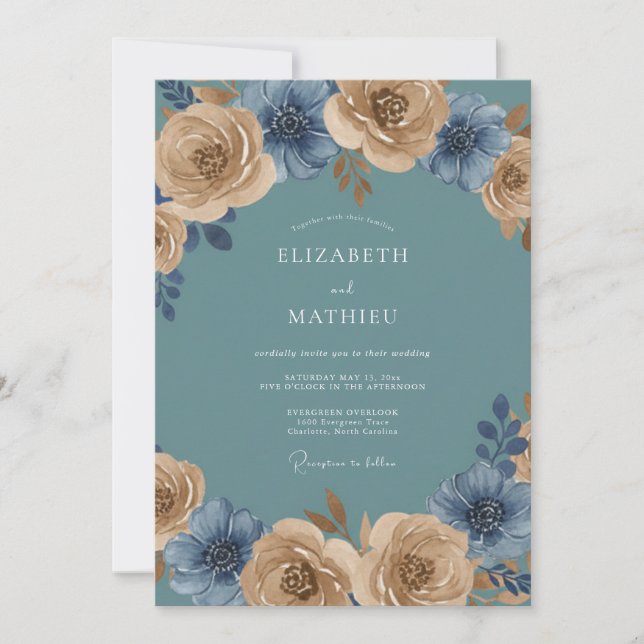 Teal Golden Blossom Romance Wedding Invitation (Front)