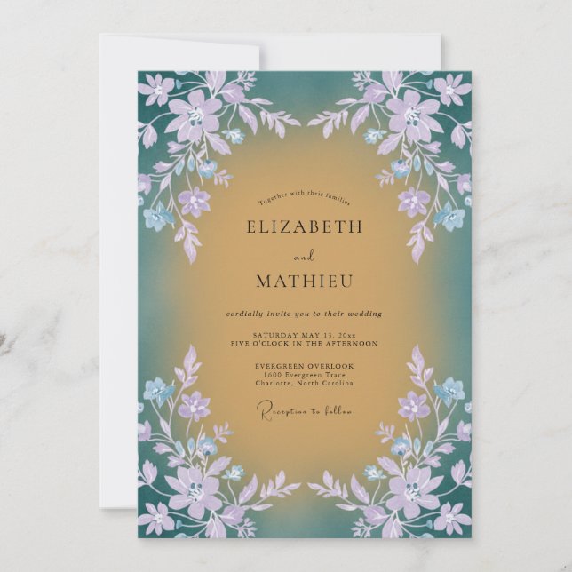 Teal Golden Lilac Vine Wedding Invitation (Front)