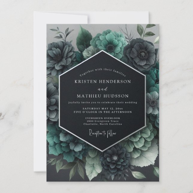 Teal Gothic Bloom Wedding Invitation (Front)