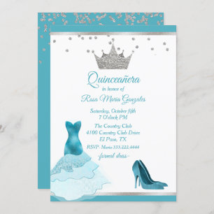 Teal Gown and Heel with Silver Crown Quinceanera Invitation