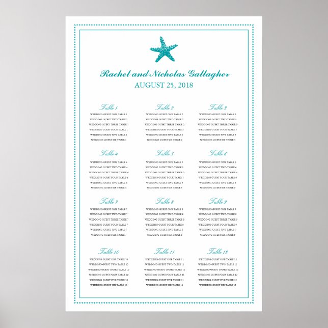 Teal Graceful Starfish 24 x 36 Seating Chart (Front)