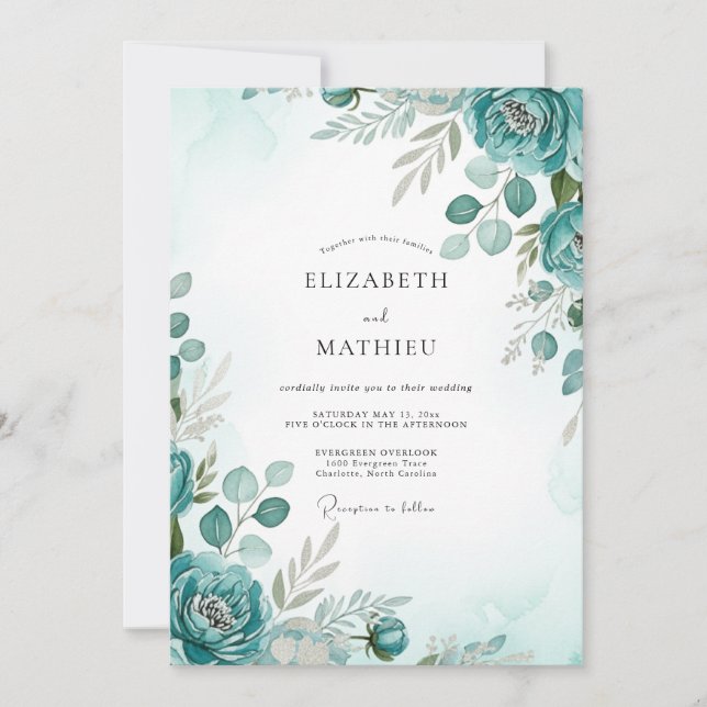 Teal Graceful Watercolor Wedding Invitation (Front)