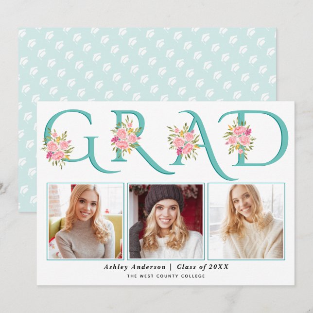 Teal GRAD pink roses photo 2024 graduation Announcement (Front/Back)