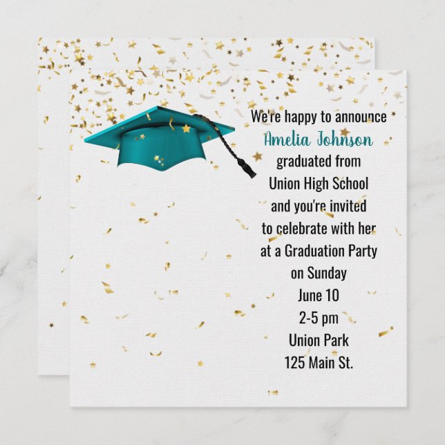 Teal Graduation Cap with Gold Confetti  Invitation (Front/Back)
