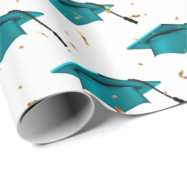 Teal Graduation Caps and Gold Confetti  Wrapping Paper (Roll Corner)