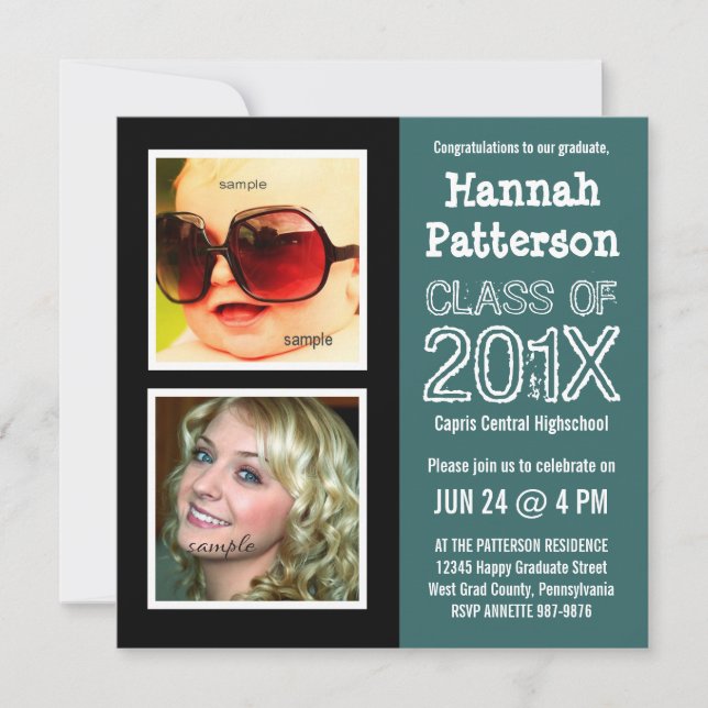 Teal Graduation Party with 2 Photos Invitation (Front)