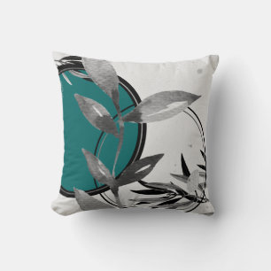 Teal & Gray Abstract Zen Watercolor Leaf Cushion