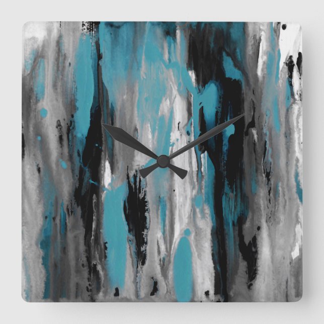 Teal Gray Black and White Abstract Square Wall Clock (Front)