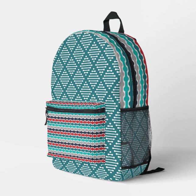 TEAL GRAY BLACK RED GEOMETRIC PATTERNS PRINTED BACKPACK (Back Corner Right)