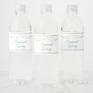 Teal & Gray Elegant Vintage Border Wedding Water Bottle Label