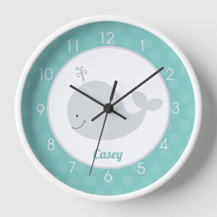 Teal Gray Whale Baby Nursery Nautical Kids Wall  Clock