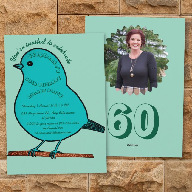 Teal & Green 60th Birthday Cute Bird Dinner Party Invitation (Creator Uploaded)