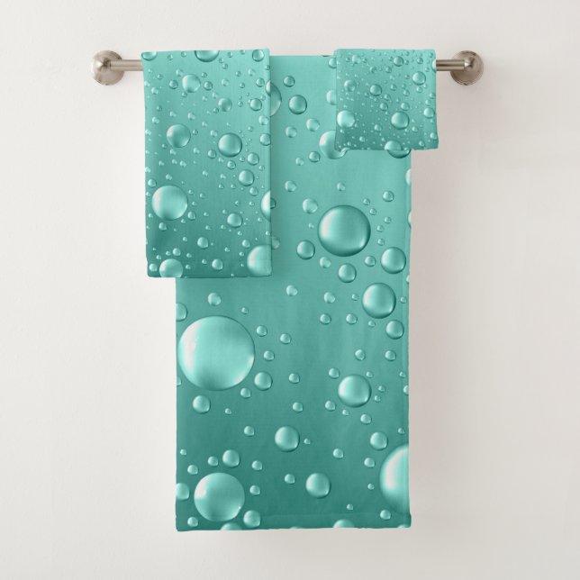 Teal-Green Abstract Rain Drops Bath Towel Set (Insitu)