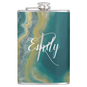 Teal Green Agate Marble Abstract Name Monogram Hip Flask
