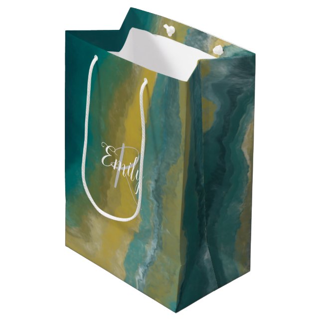 Teal Green Agate Marble Abstract Name Monogram Medium Gift Bag (Front Angled)