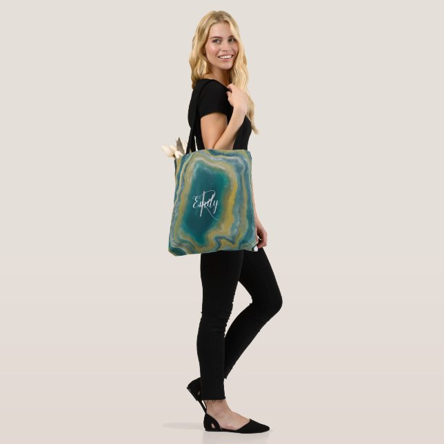 Teal Green Agate Marble Abstract Name Monogram Tote Bag (On Model)