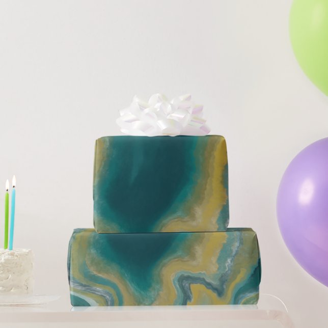 Teal Green Agate Marble Abstract Name Monogram Wrapping Paper (Party Gifts)