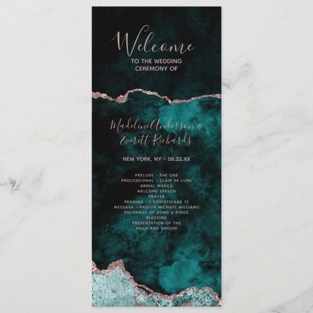 Teal Green Agate Order of Services Wedding Program Programme (Front)