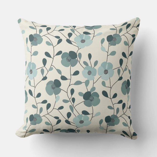 Teal Green and Beige Floral Throw Pillow (Front)