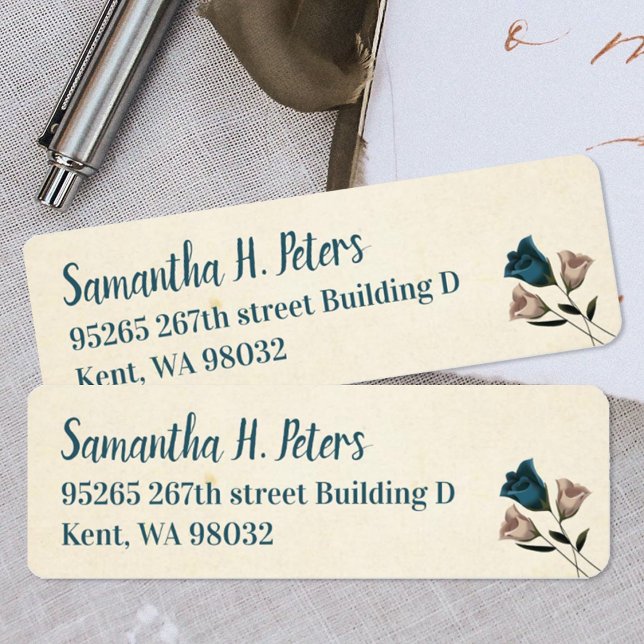 Teal Green and Beige Roses Address Labels (Teal, ivory, off white address labels with roses, teal script writing, simple roses)