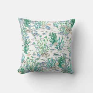 Teal Green And Blue Ocean Sealife Shells And Fish Cushion