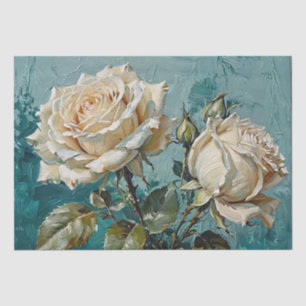 Teal Green and Cream Rose Floral Art Oil Design Tissue Paper