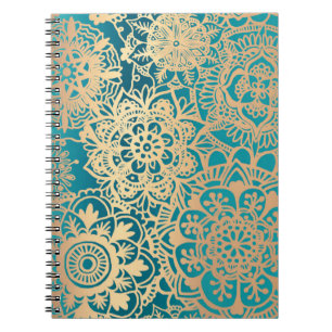Teal Green and Gold Floral Mandala Pattern Notebook