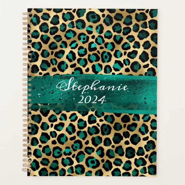 Teal Green and Gold Foil Leopard Brush Stroke Planner (Front)