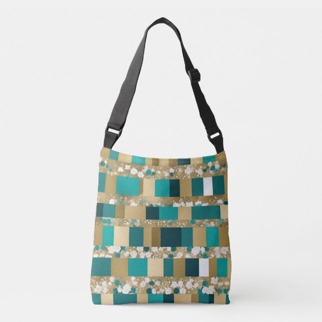 Teal Green And Gold Geometric Pattern With Flowers Crossbody Bag (Front)